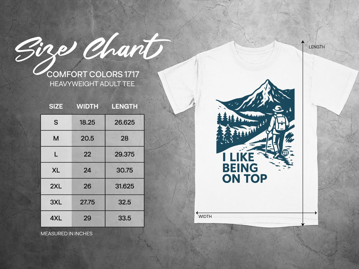 Size chart for Comfort Colors 1717 heavyweight adult tee with hiking graphic.