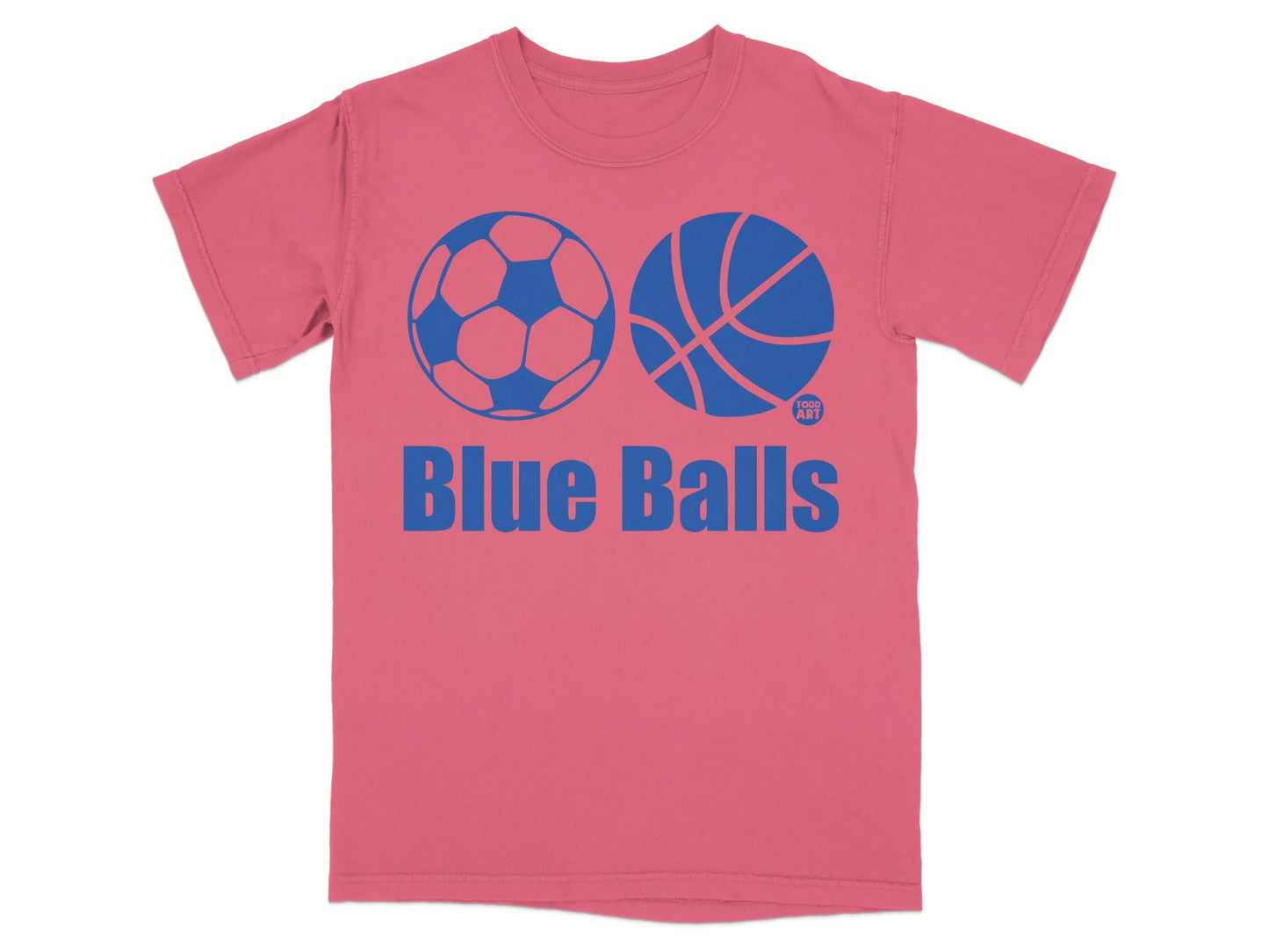 Pink t-shirt with blue soccer ball, basketball, and "Blue Balls" text.