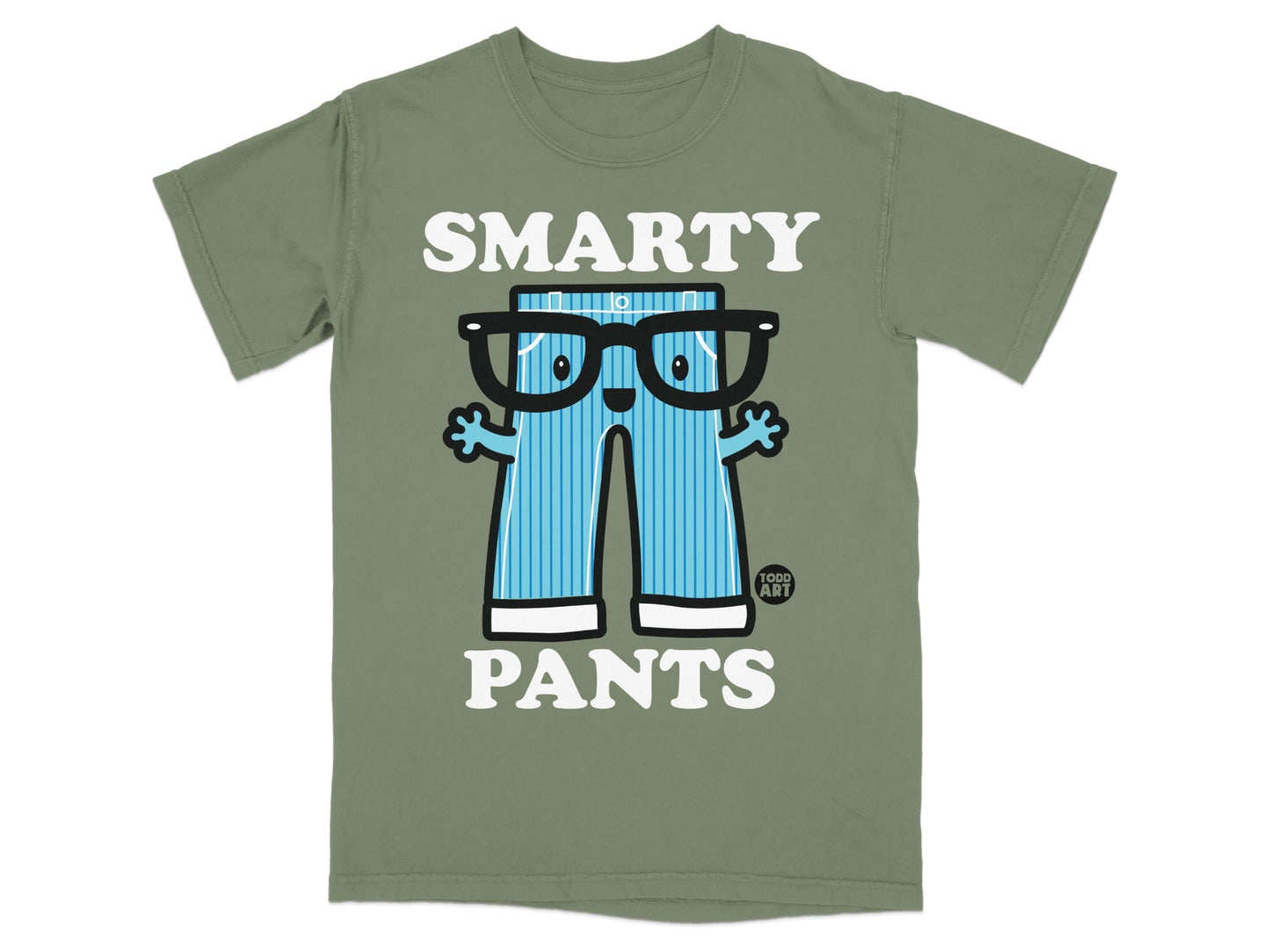 Green t-shirt with cartoon character "Smarty Pants" in blue striped pants and glasses.