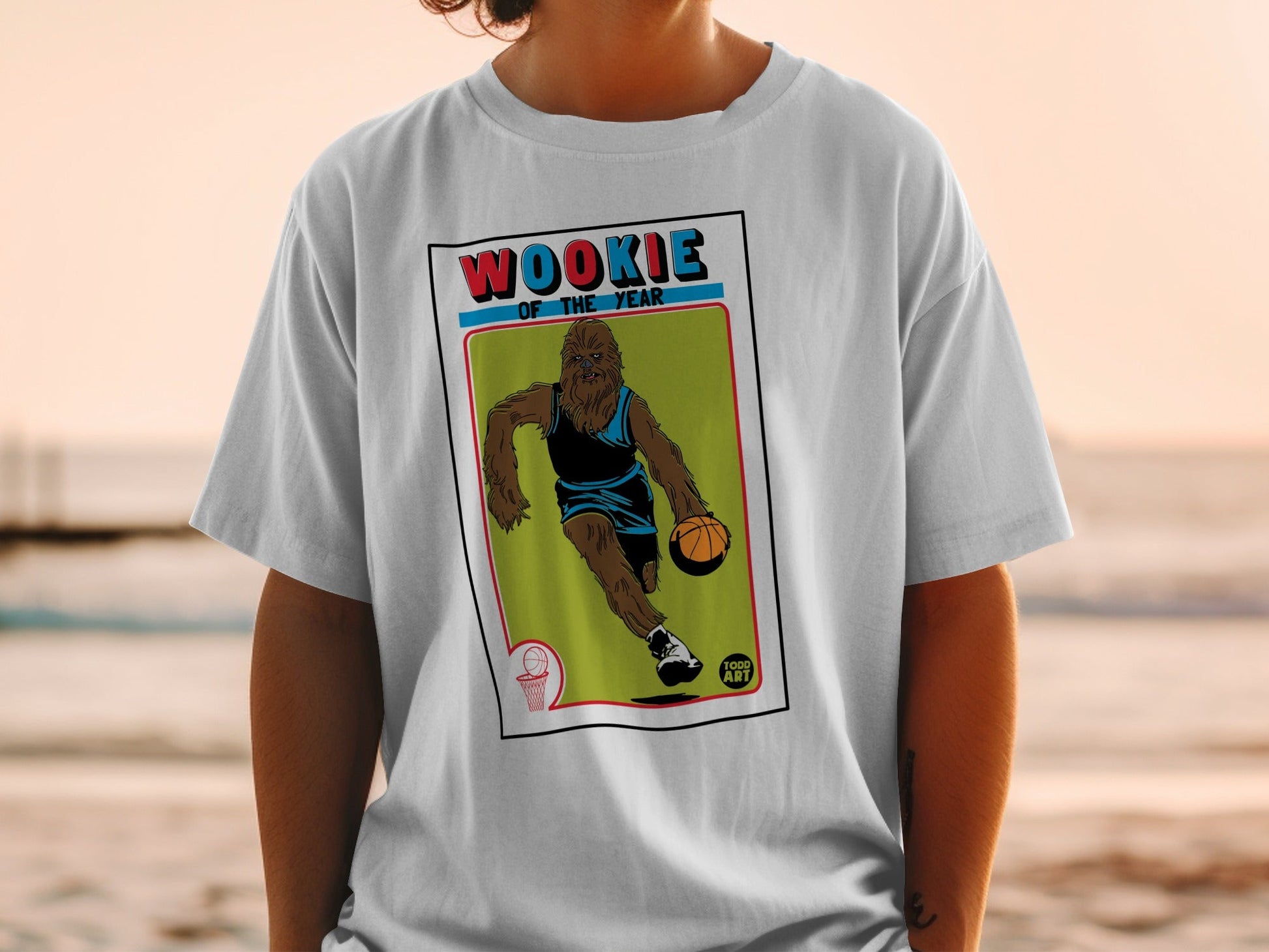 Chewbacca dribbling a basketball on a trading card, "Wookiee of the Year" text.