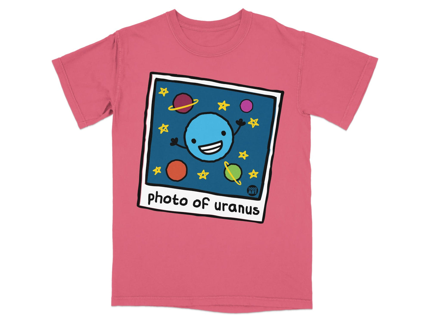 T-shirt with "photo of uranus" graphic featuring a smiling blue planet.