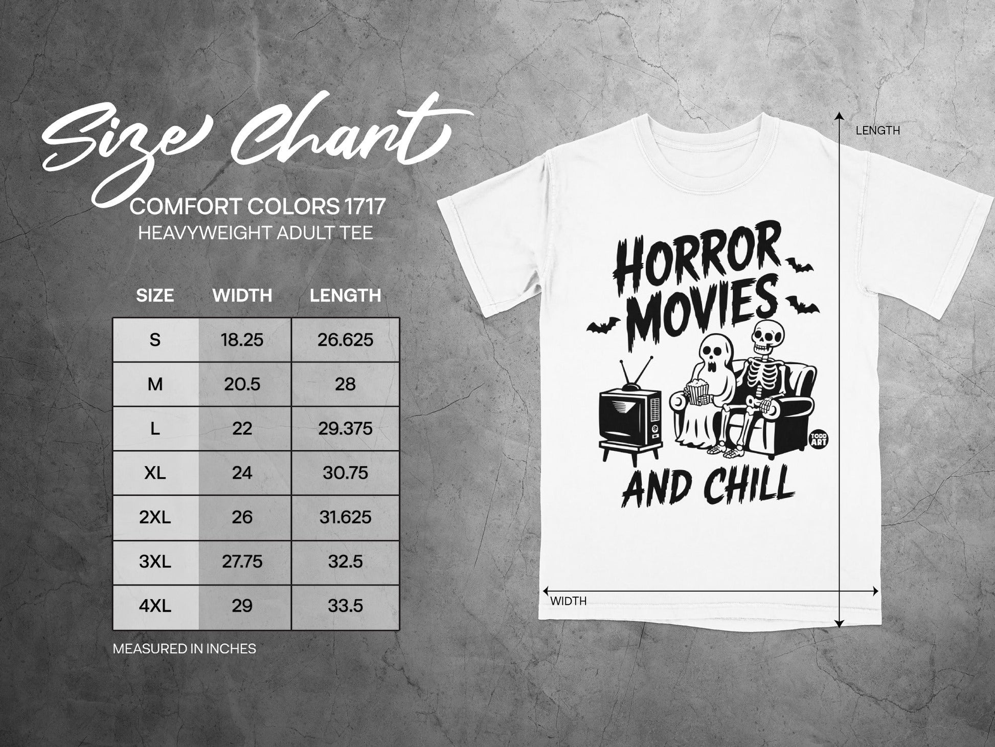 Comfort Colors 1717 heavyweight adult tee size chart with "Horror Movies and Chill" graphic.