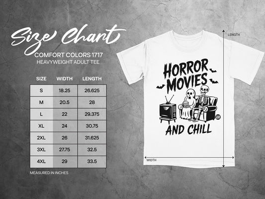 Comfort Colors 1717 heavyweight adult tee size chart with "Horror Movies and Chill" graphic.