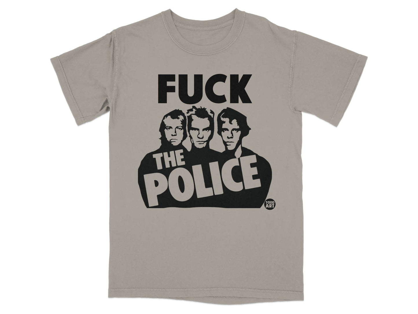 T-shirt with black graphic of "FUCK THE POLICE" and three men's faces.