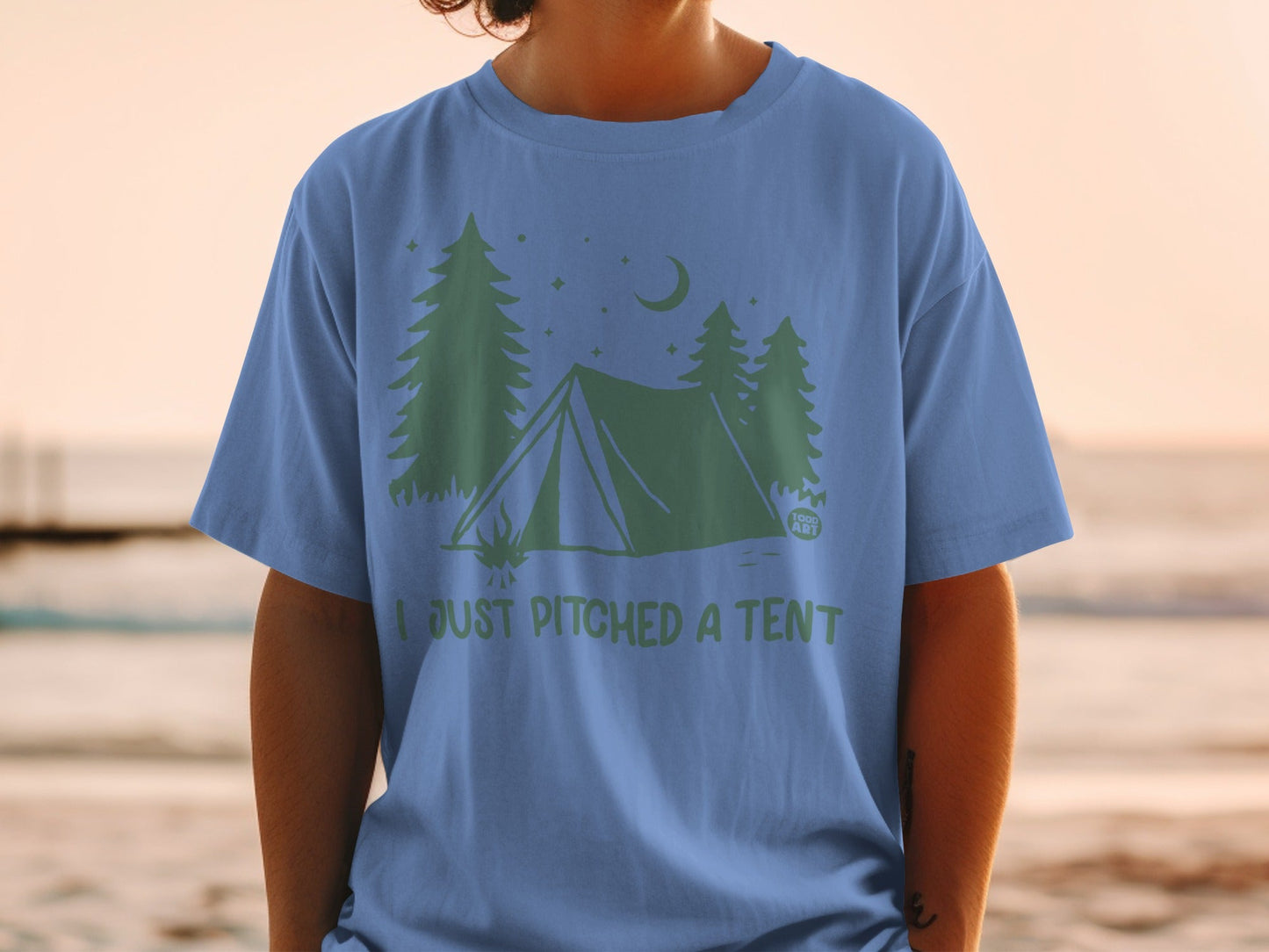 T-shirt with "I JUST PITCHED A TENT" graphic featuring a tent, trees, and moon.