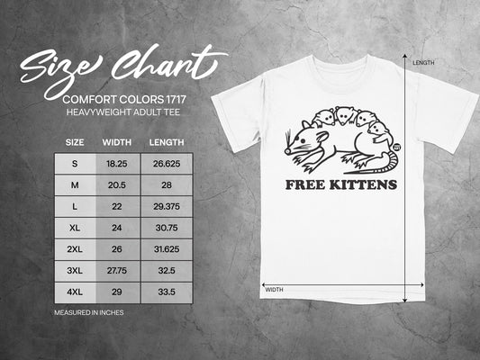 Size chart for Comfort Colors 1717 heavyweight adult tee with Free Kittens graphic.
