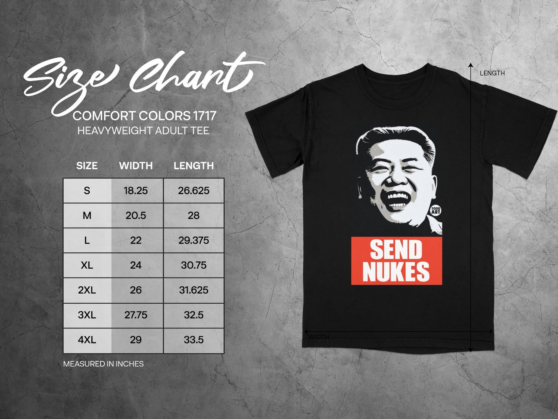 Size chart for Comfort Colors 1717 heavyweight adult tee with graphic.