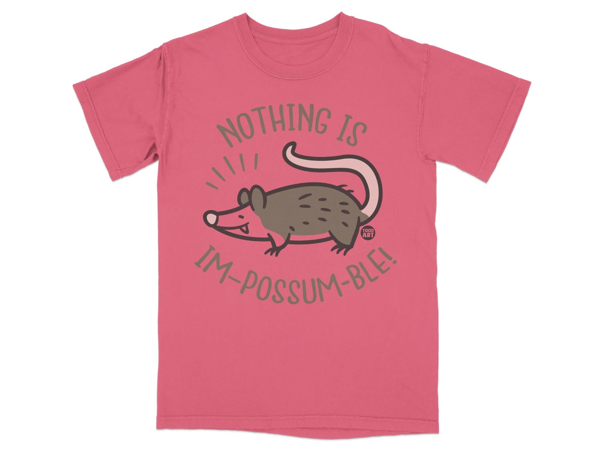 Pink t-shirt with cartoon opossum and text "Nothing Is Im-possum-ble!".
