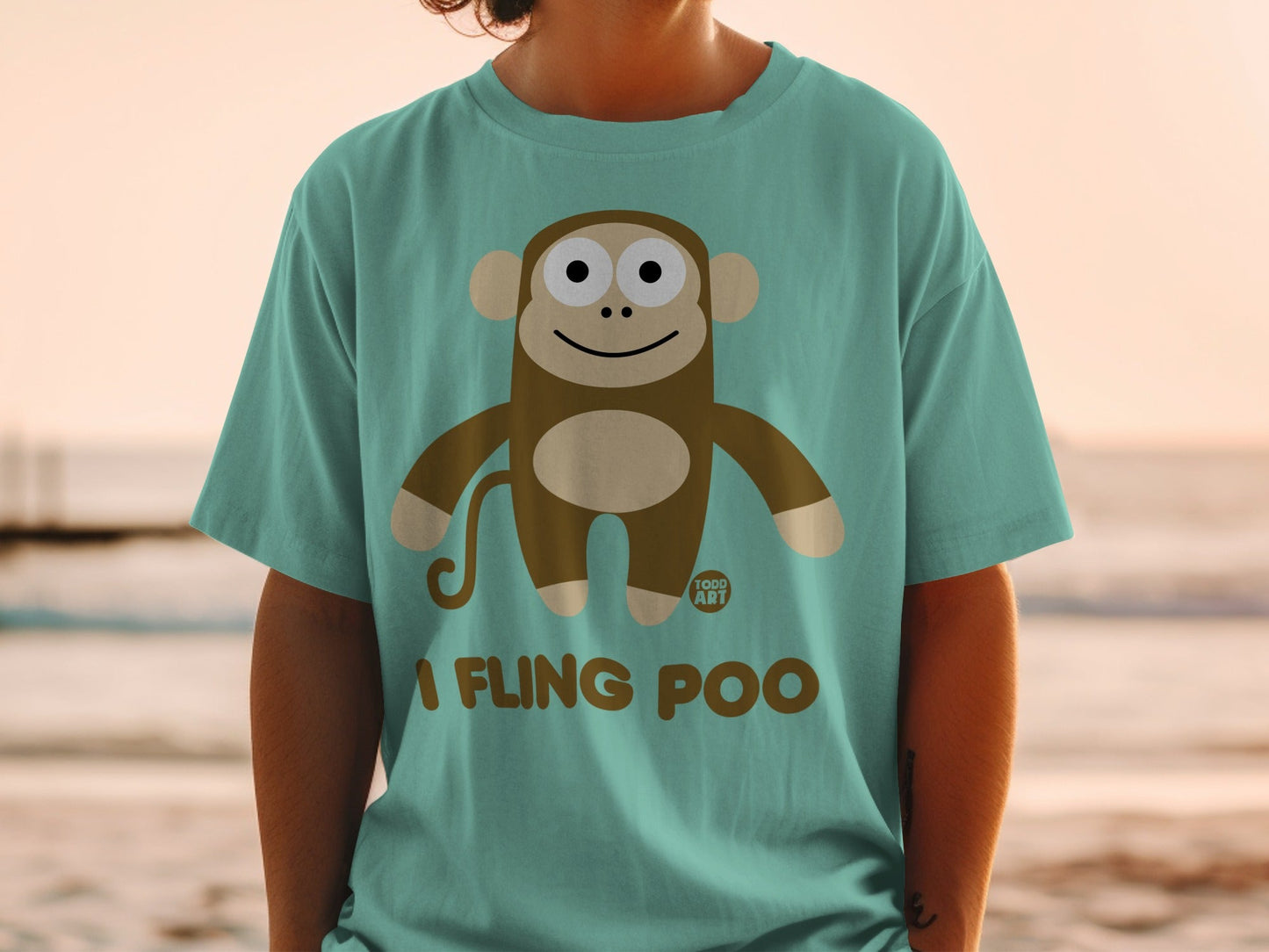 Teal t-shirt with cartoon monkey and text "I FLING POO".