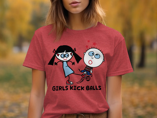 Funny Girls Kick Balls Cartoon Graphic T-Shirt