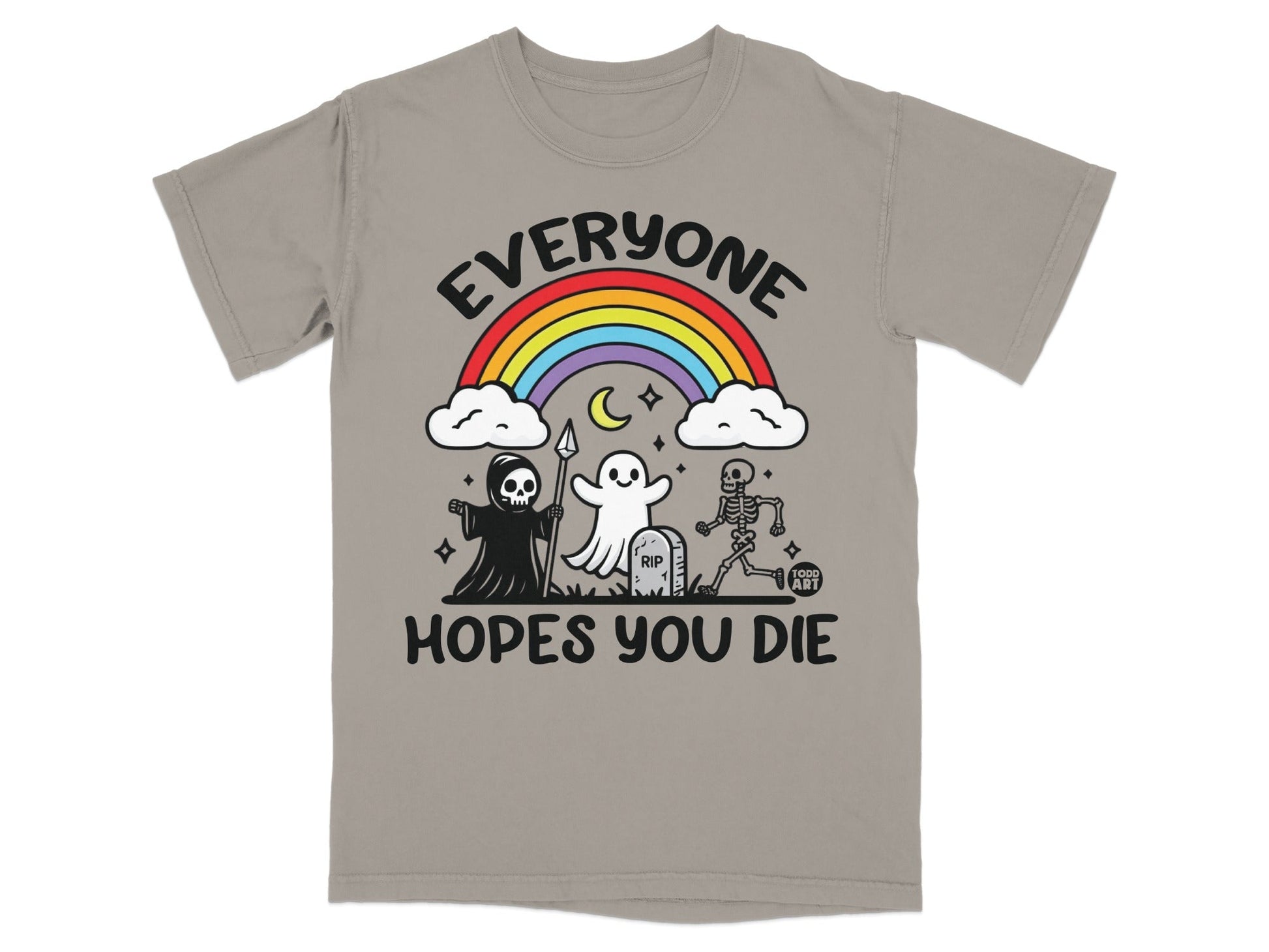 Grey t-shirt with cartoon ghosts, skeleton, and rainbow, "EVERYONE HOPES YOU DIE" text.