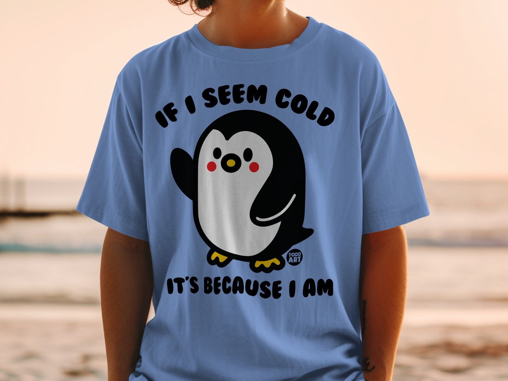 Blue t-shirt with a cartoon penguin saying "IF I SEEM COLD IT'S BECAUSE I AM".