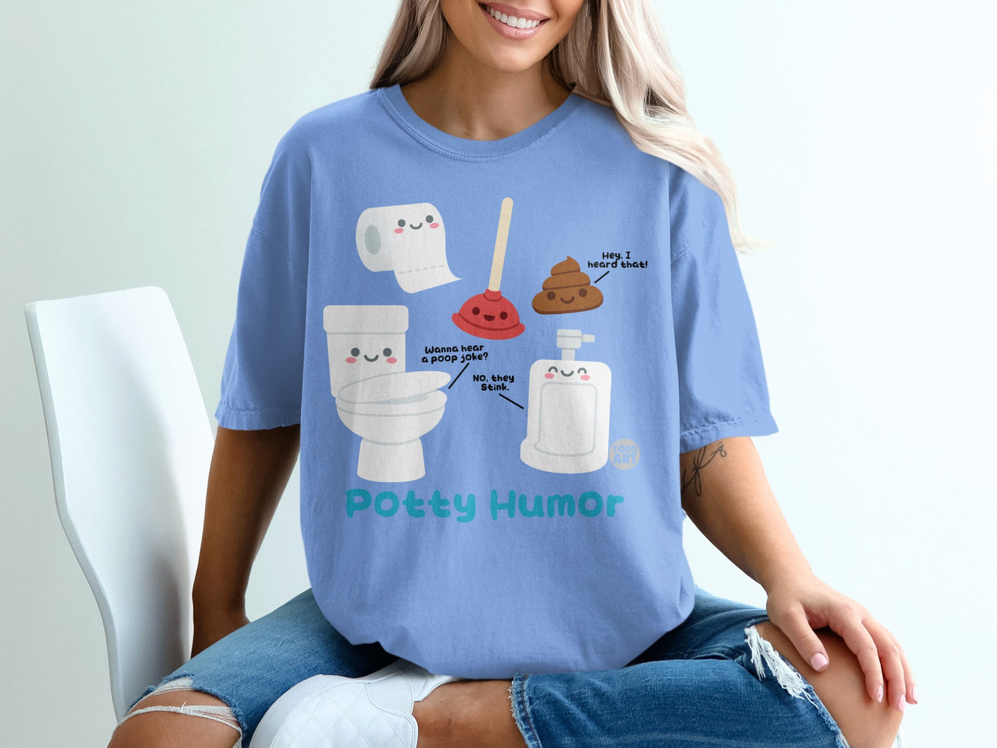 T-shirt with cartoon toilet, plunger, toilet paper, and soap dispenser discussing a poop joke.