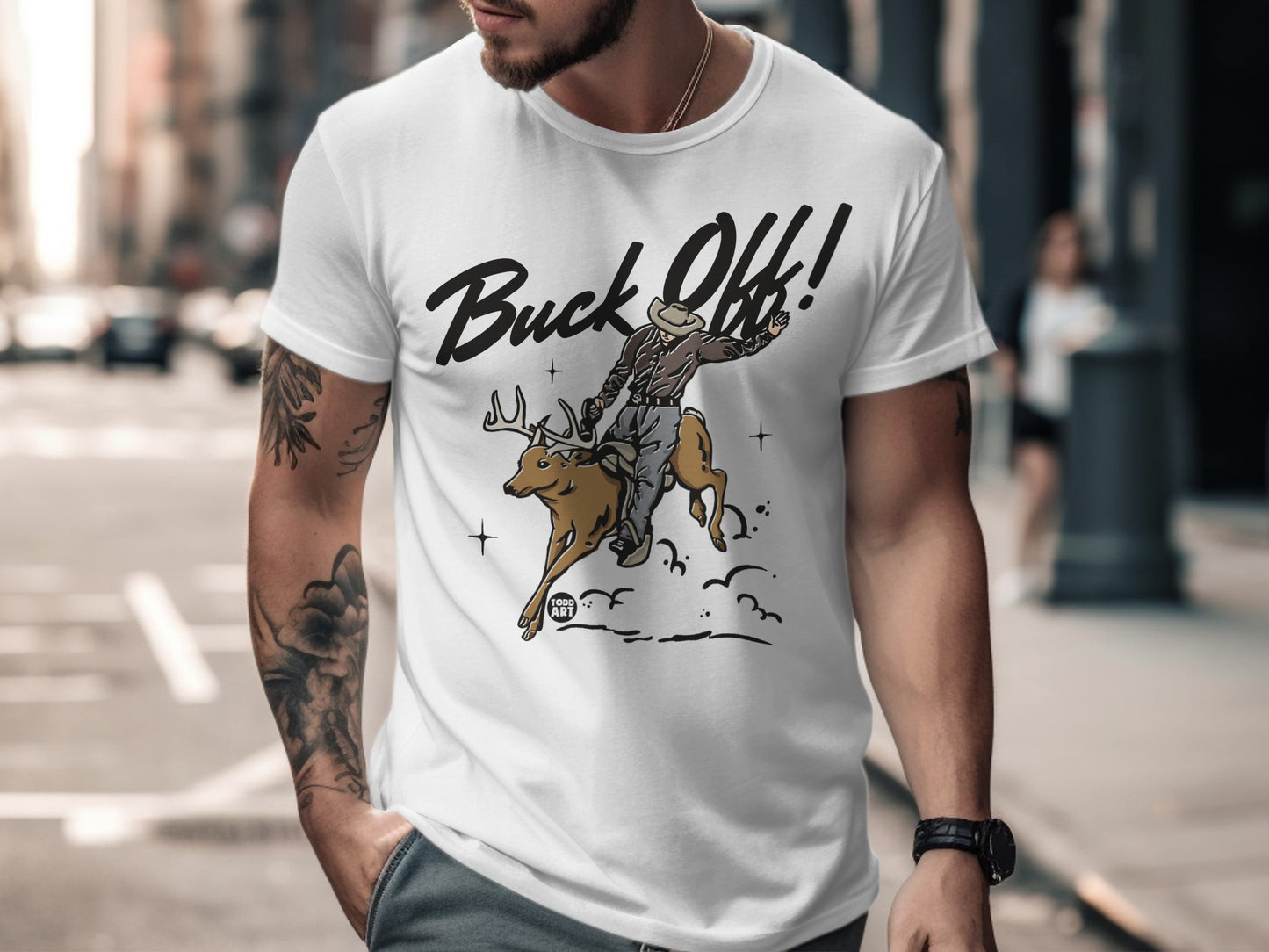 Buck Off Cowboy Riding Deer Graphic Tee Shirt