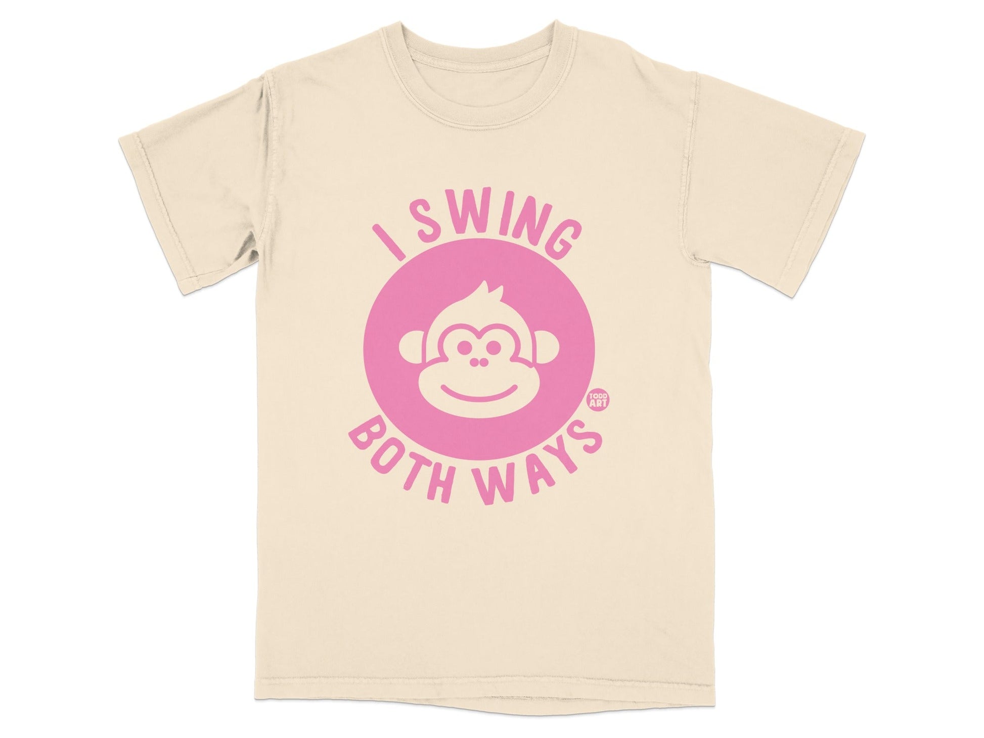 Cream t-shirt with pink monkey circle graphic and "I swing both ways" text.