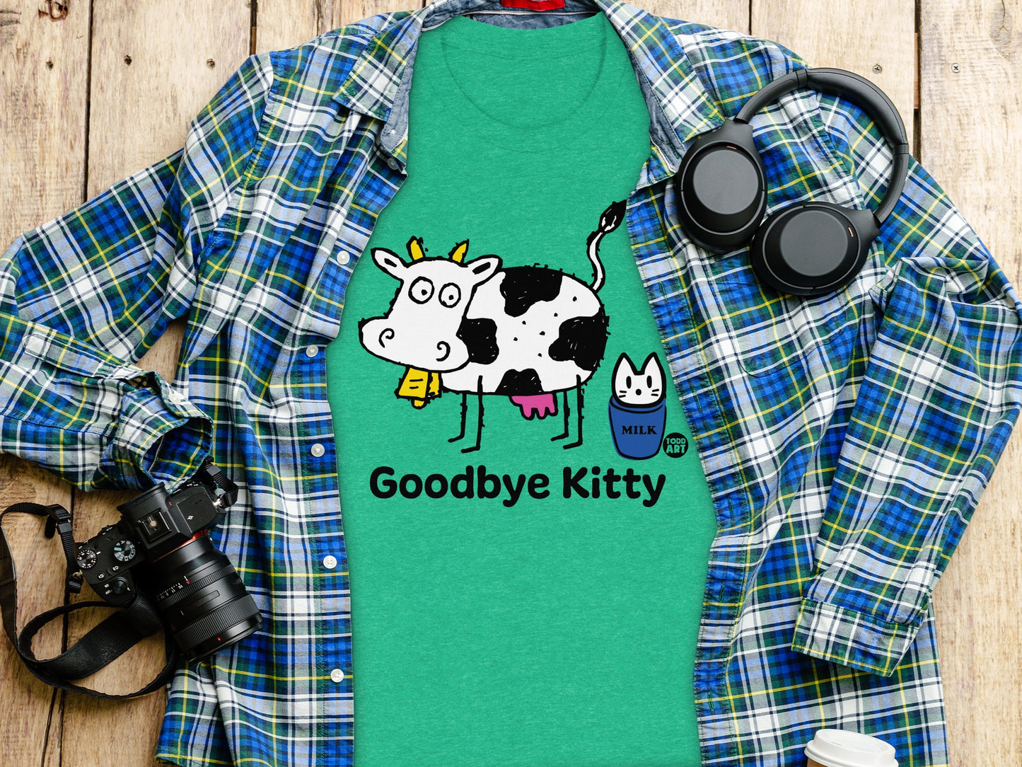 Playful Goodbye Kitty Cow Graphic Green Shirt