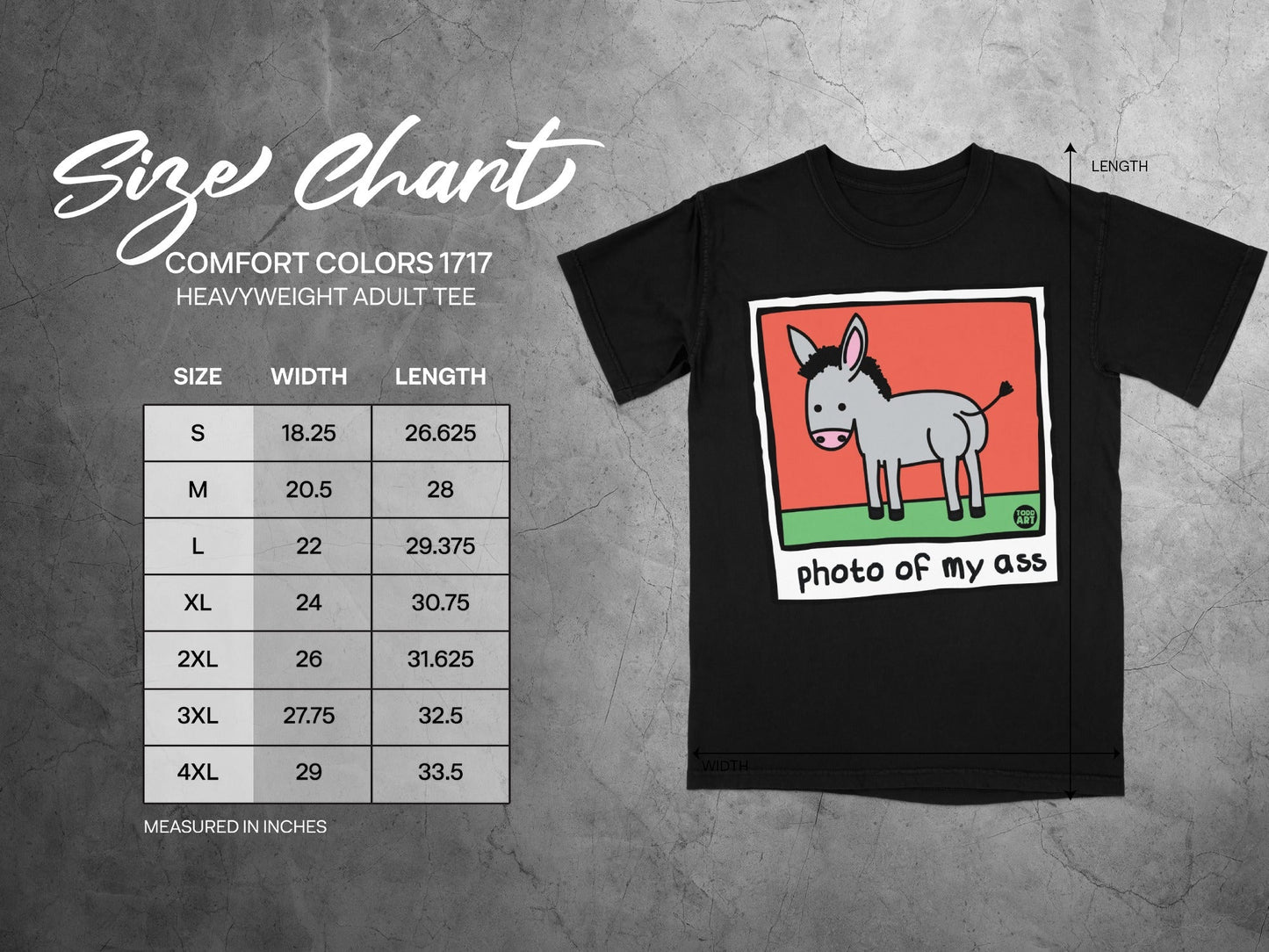 Size chart for Comfort Colors 1717 heavyweight adult tee with cartoon donkey graphic.