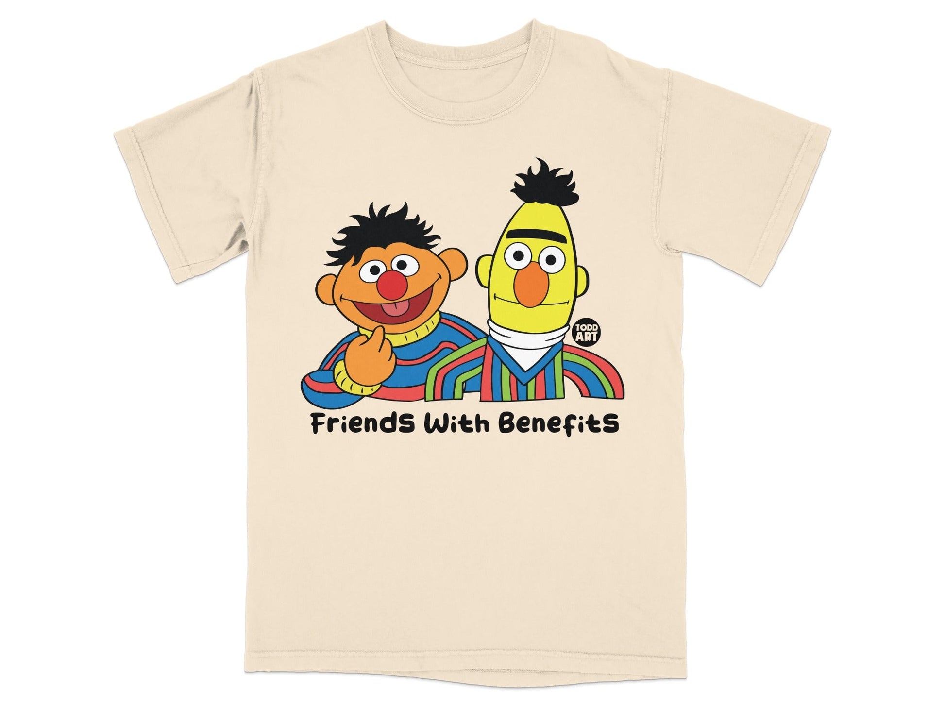 Bert and Ernie characters on a light tan t-shirt with "Friends With Benefits" text.