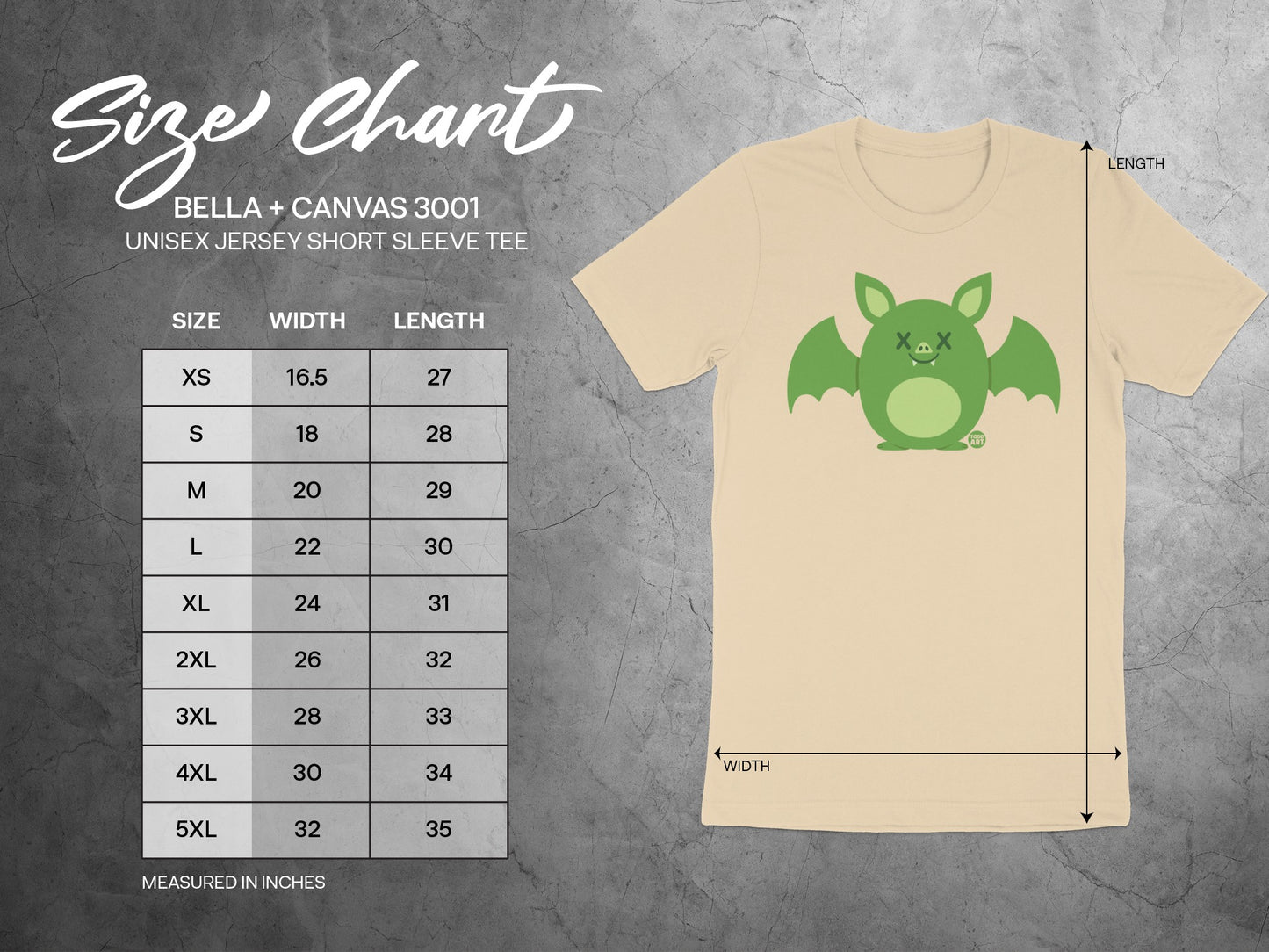 Cute Bat Graphic Tee Size Chart for Unisex Sizing