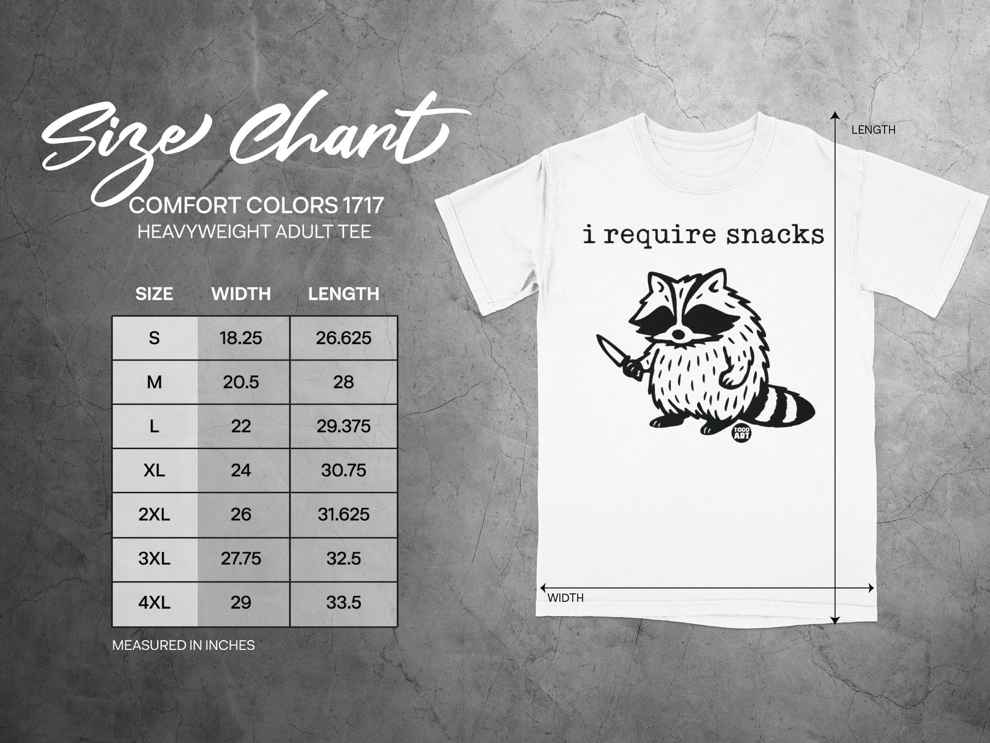 Size chart for "i require snacks" t-shirt, with width and length measurements.