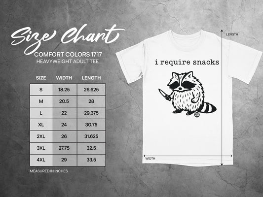 Size chart for "i require snacks" t-shirt, with width and length measurements.