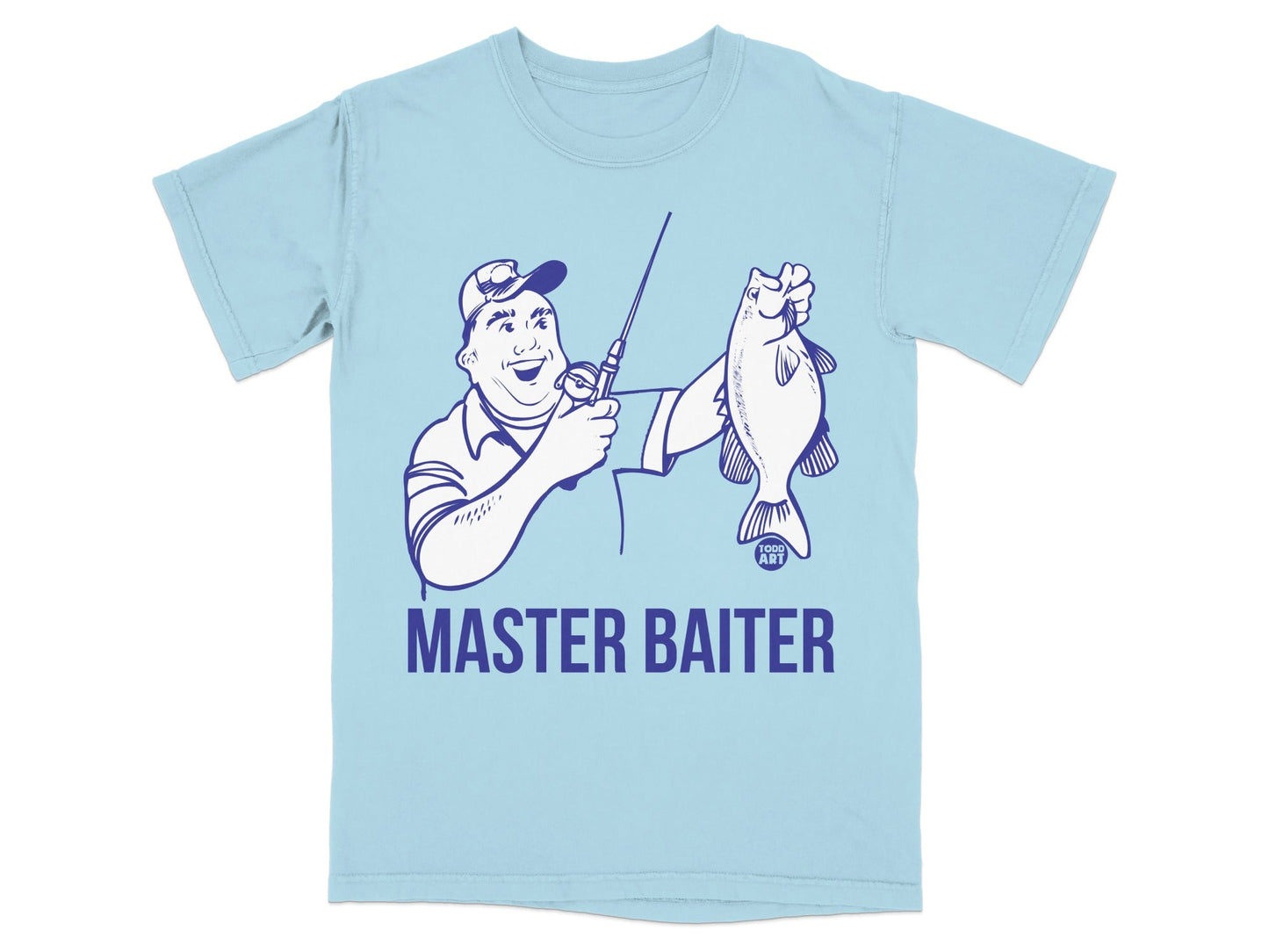 Light blue t-shirt with graphic of fisherman holding a fish and text "MASTER BAITER".