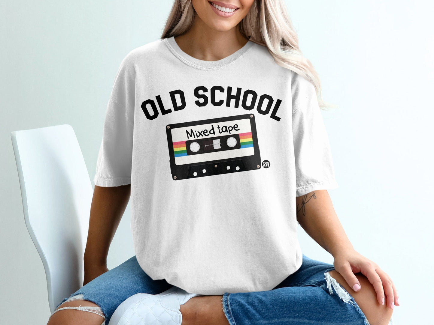 White t-shirt with "OLD SCHOOL" and cassette tape graphic.
