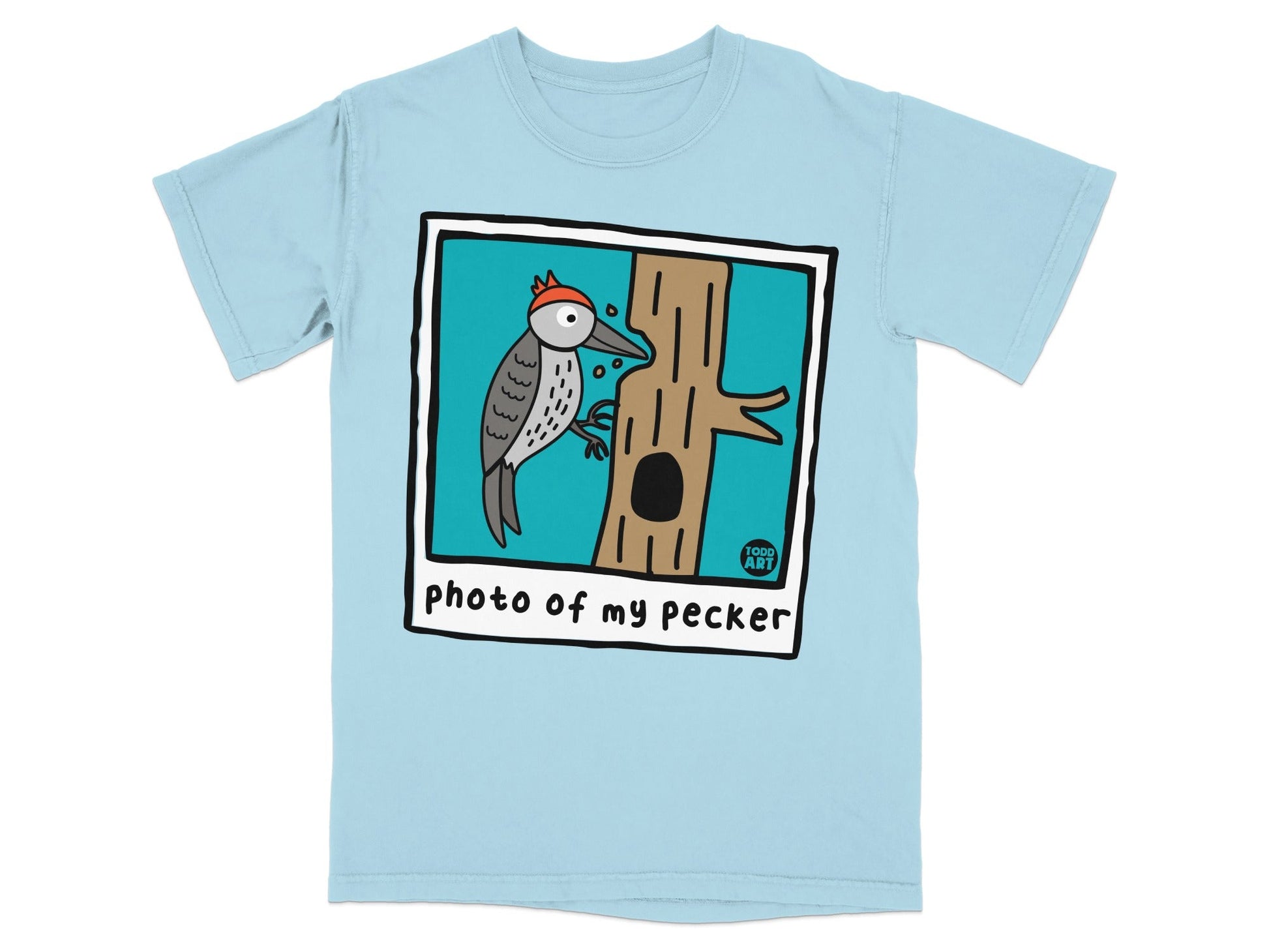 Light blue t-shirt with cartoon woodpecker on a tree, "photo of my pecker" text.