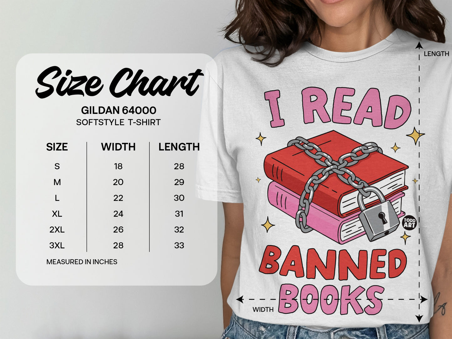 Gildan 64000 Softstyle t-shirt size chart with "I Read Banned Books" graphic.