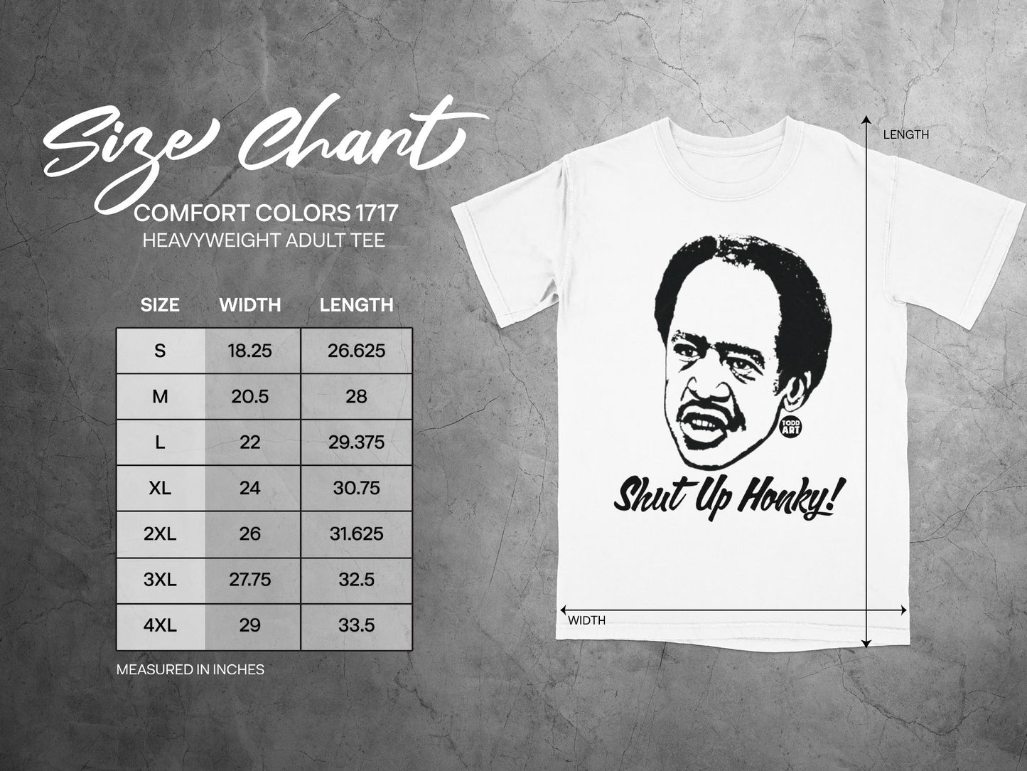 Comfort Colors 1717 heavyweight adult tee size chart with t-shirt graphic.
