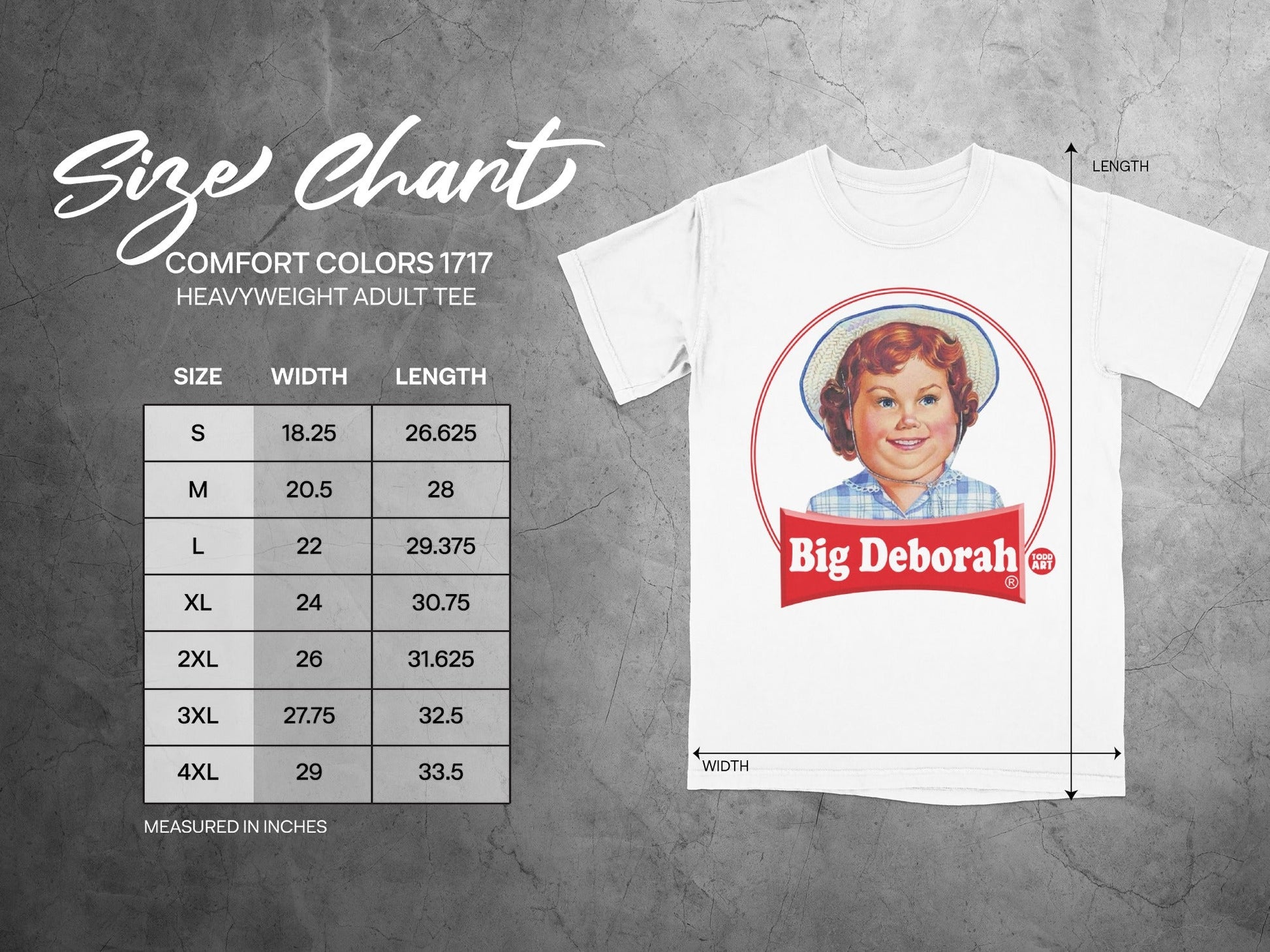 Comfort Colors 1717 heavyweight adult tee size chart with measurements.
