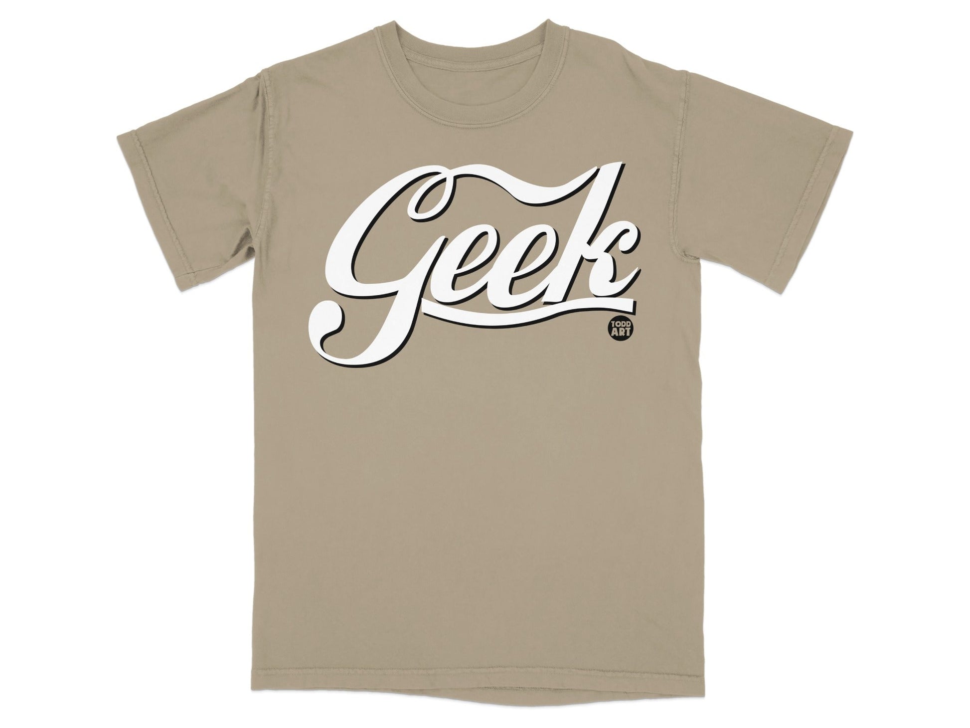 Tan t-shirt with "Geek" and "1000 Am" text.