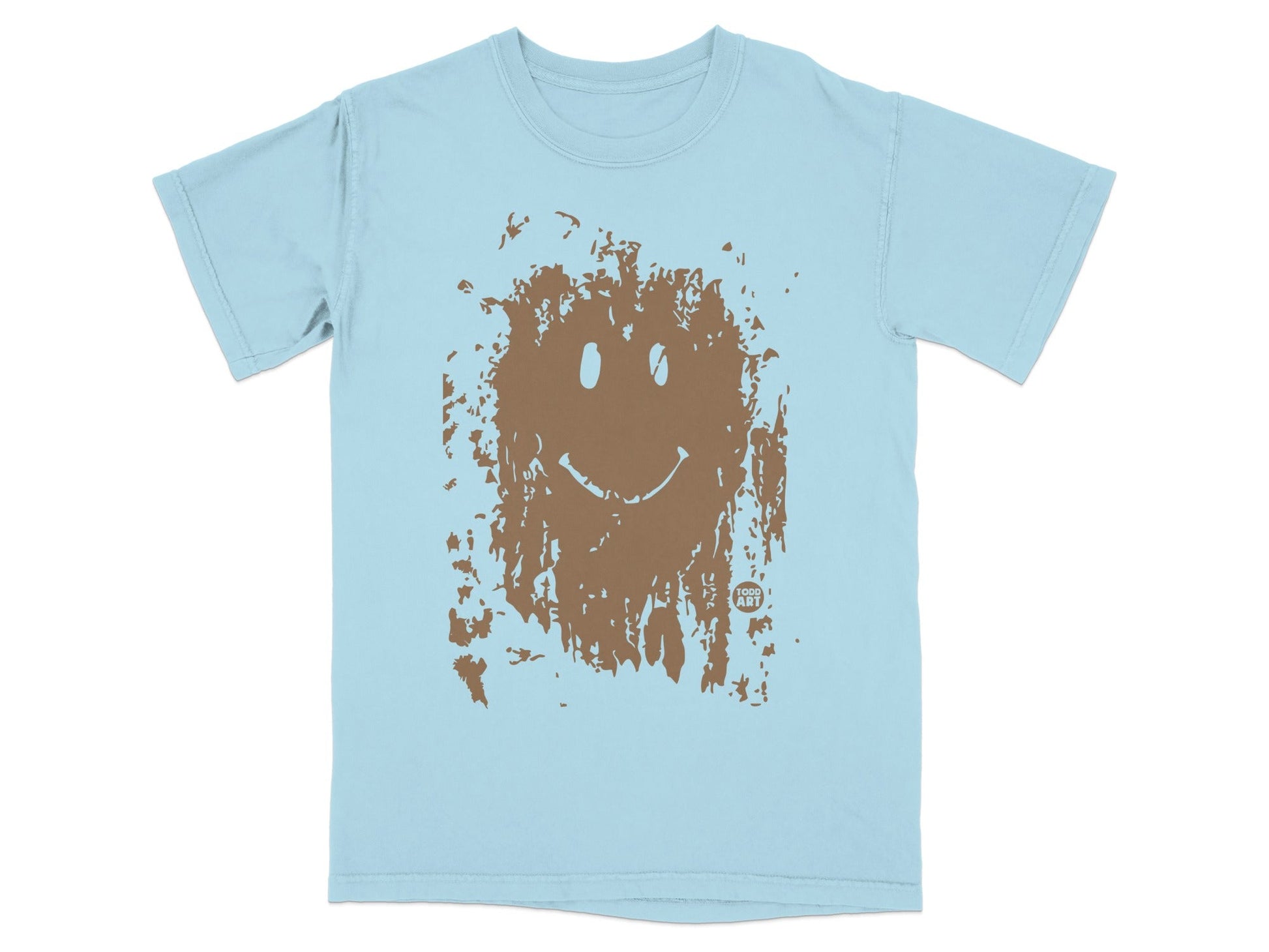 Light blue t-shirt with a brown, smudged smiley face graphic.
