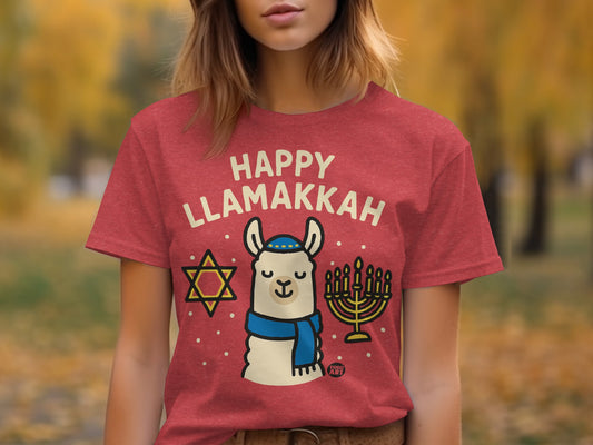 Happy Llamakkah T-Shirt with Menorah and Star Design