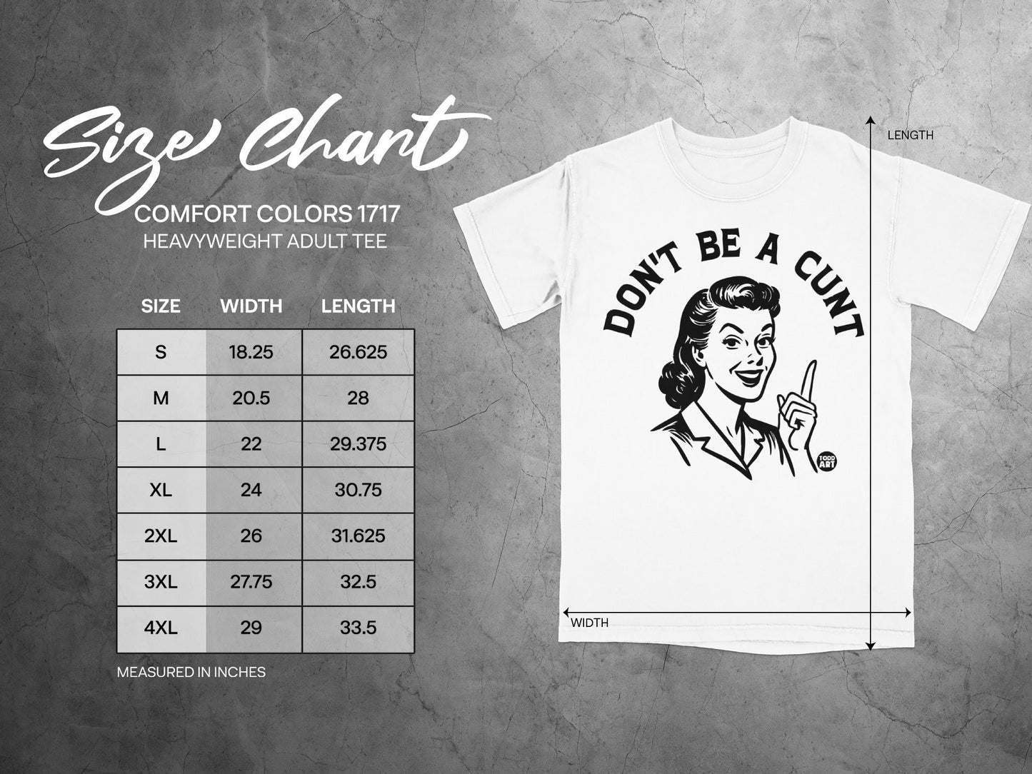 Size chart for Comfort Colors 1717 heavyweight adult tee, with size, width, and length measurements.