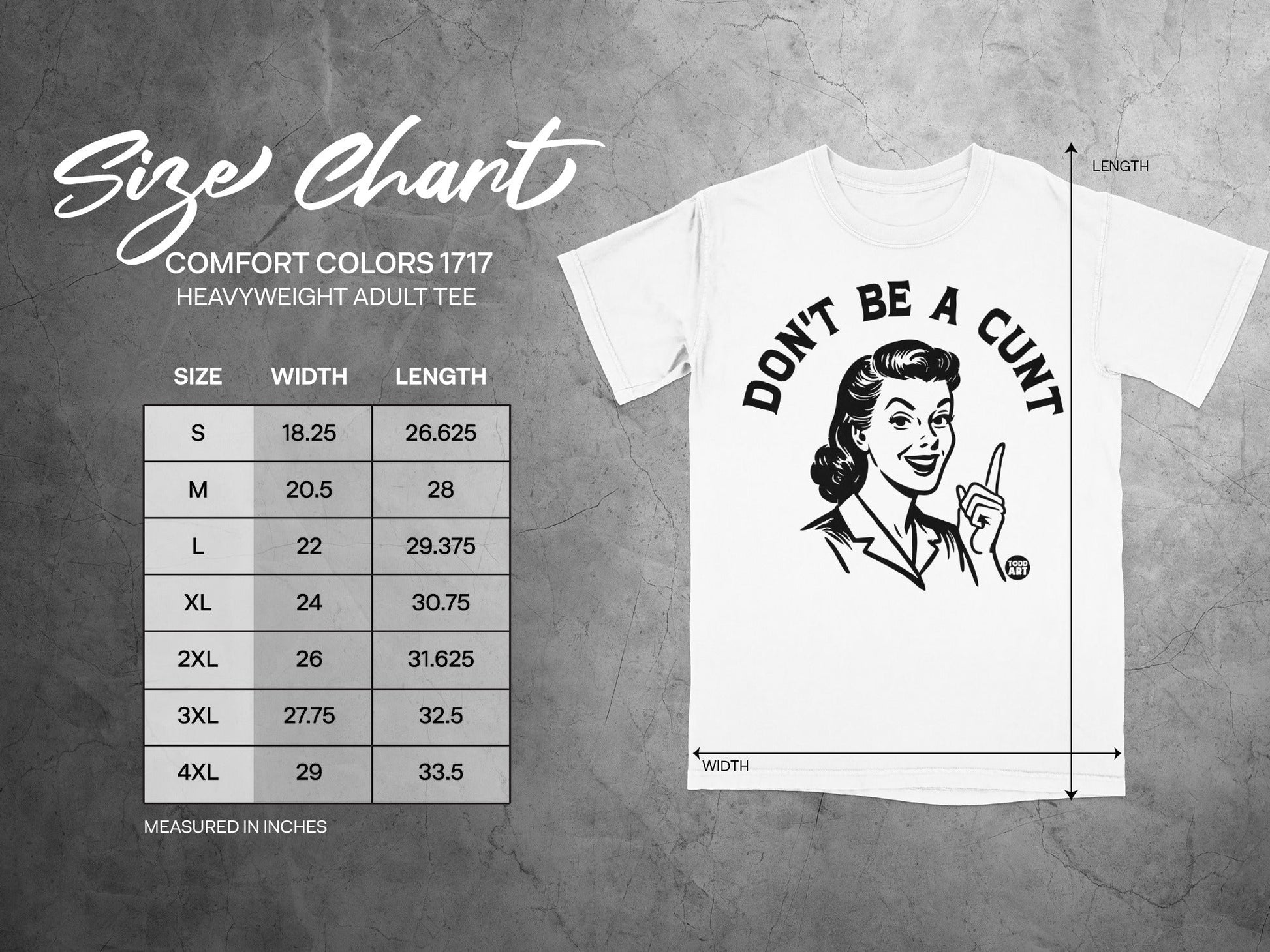 Size chart for Comfort Colors 1717 heavyweight adult tee, with size, width, and length measurements.