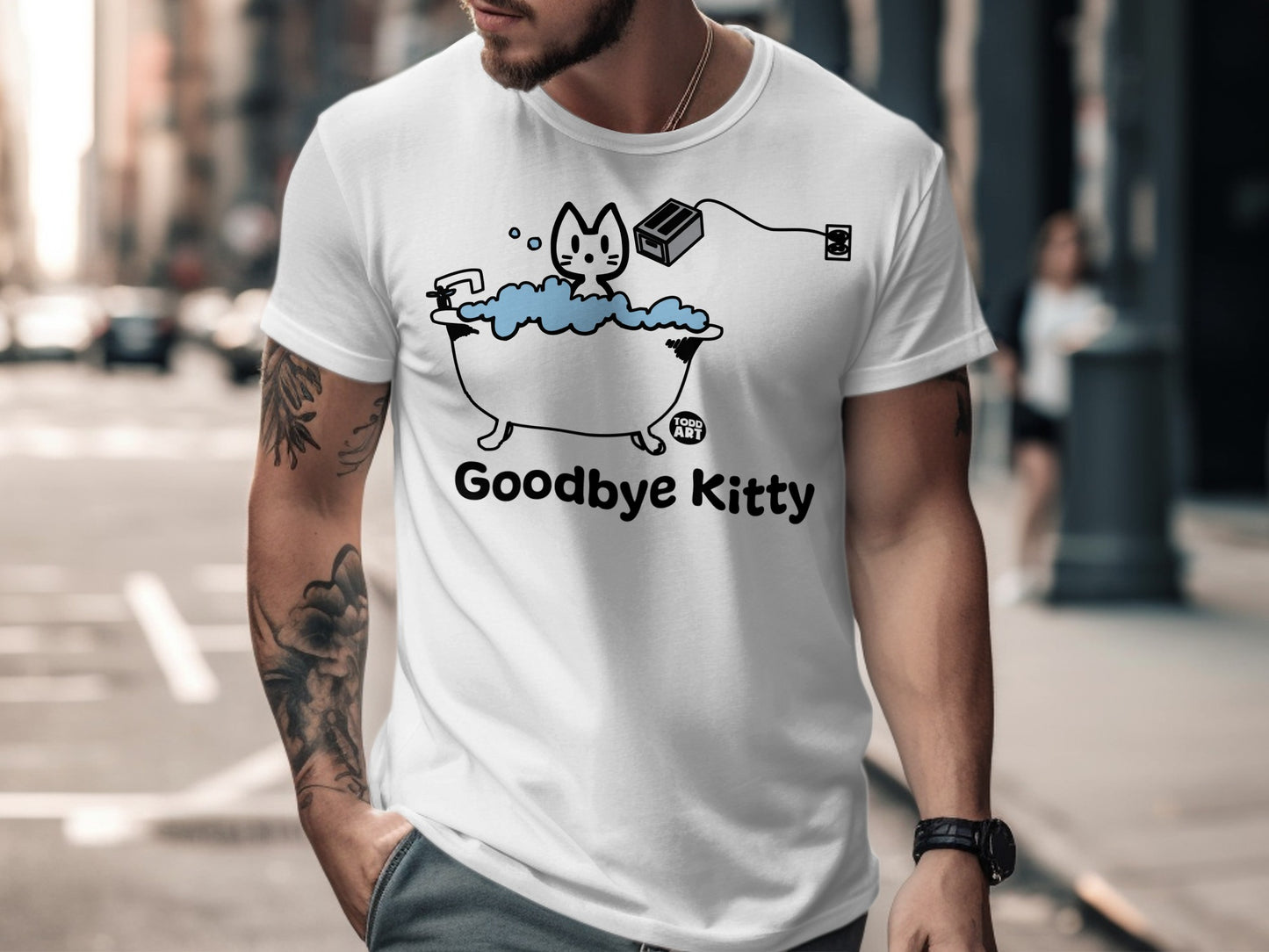 Humorous Goodbye Kitty Bath Graphic T-Shirt