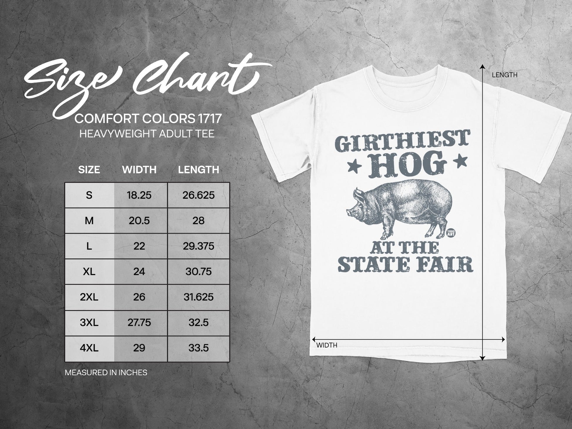 Comfort Colors 1717 size chart with t-shirt graphic and measurements.