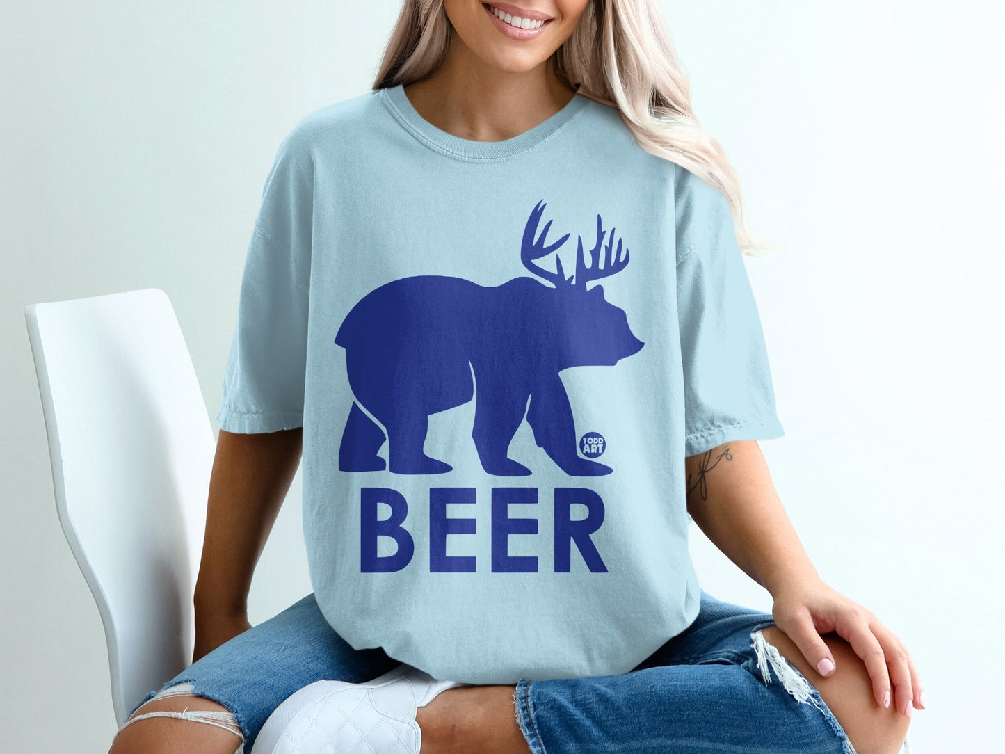 Blue Graphic Shirt with Bear and Antlers Design