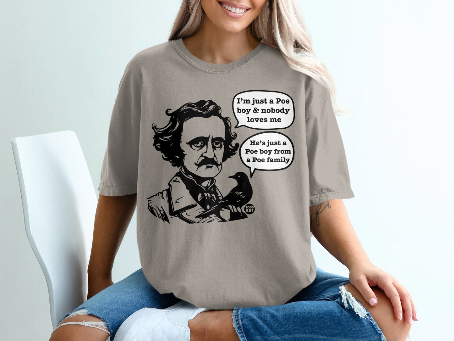 T-shirt with Edgar Allan Poe and raven illustration, and dialogue bubbles.