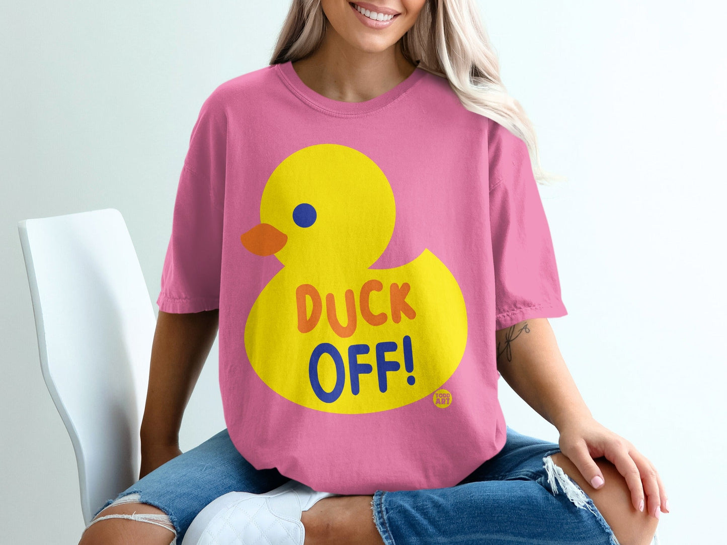 Duck Off Yellow Duck on Pink T-Shirt Funny Top