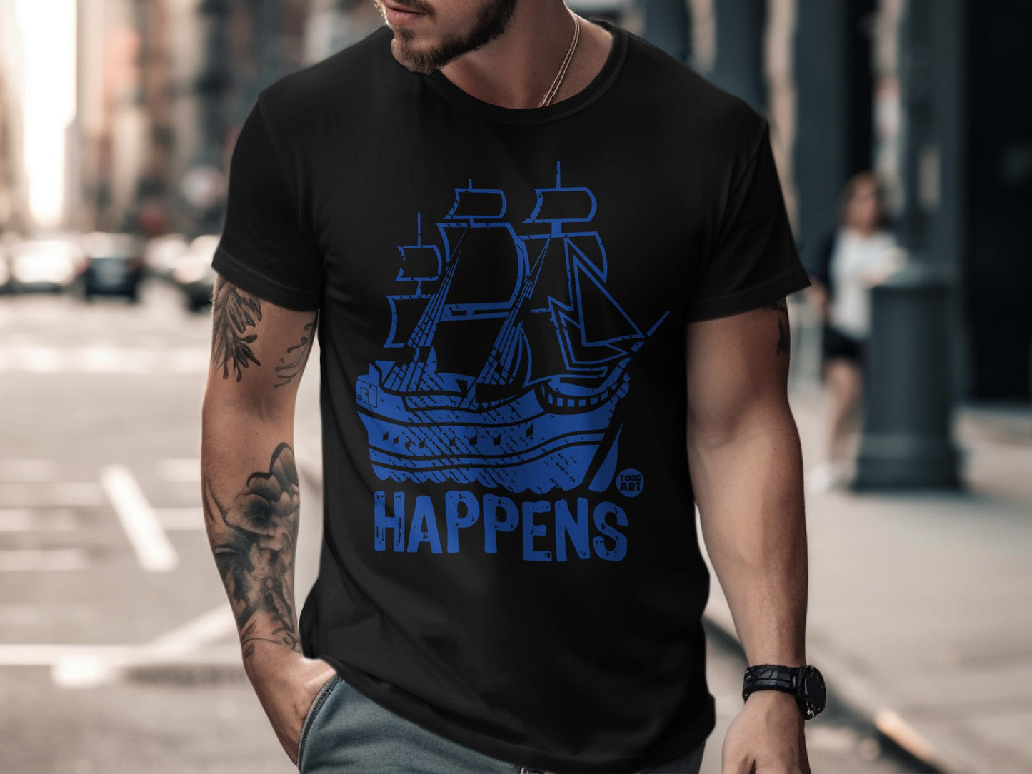 Unique Blue Ship Happens Graphic T-Shirt for Men