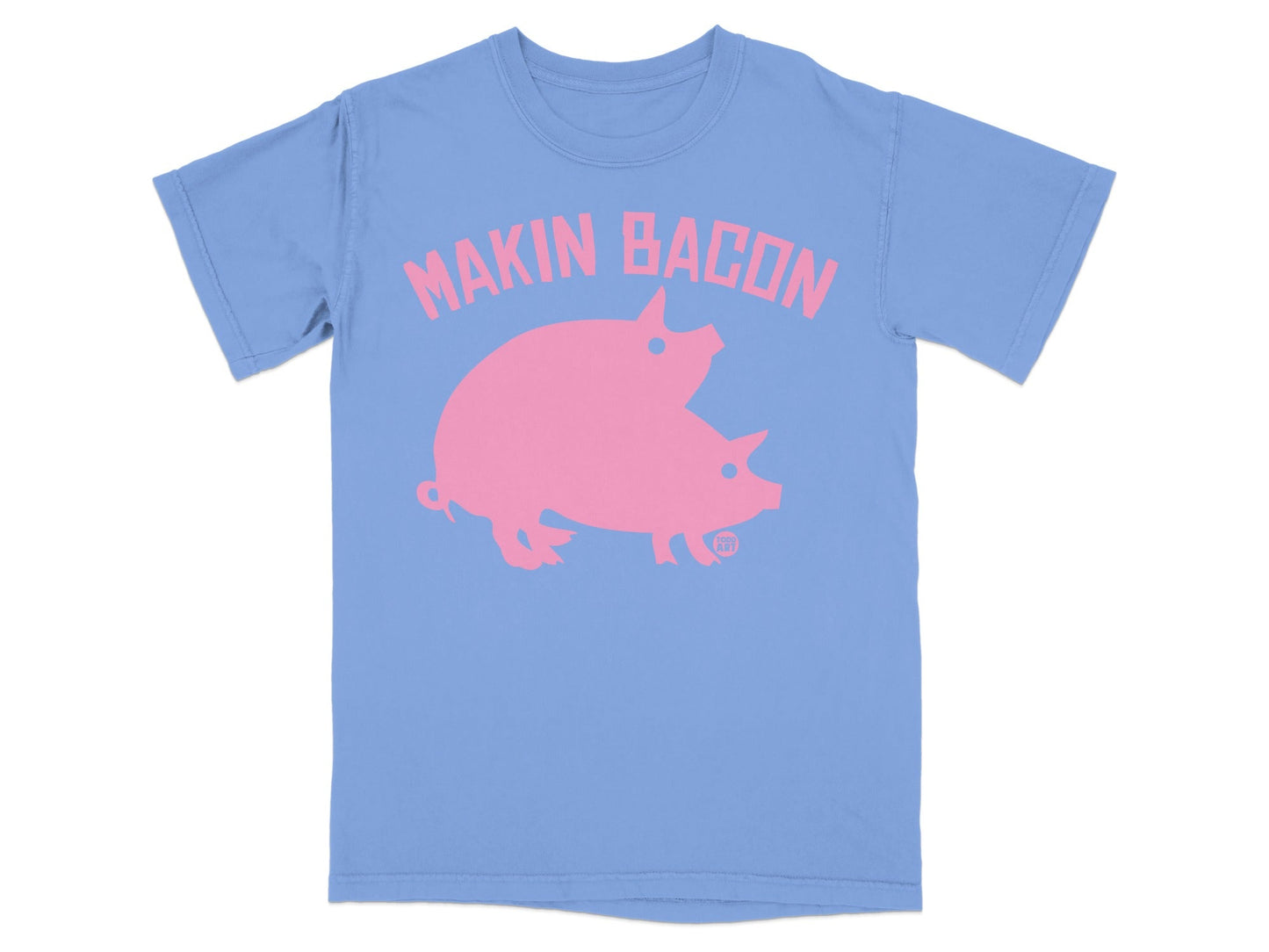 Two pink pigs stacked on a blue t-shirt with "MAKIN BACON" text.