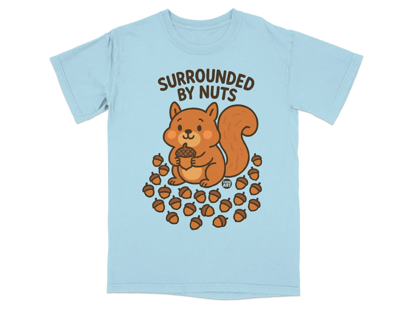 Cute cartoon squirrel holding an acorn, surrounded by nuts, on a light blue t-shirt.
