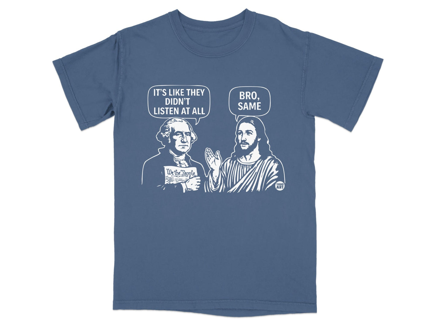 George Washington and Jesus in speech bubbles discussing "We the People".