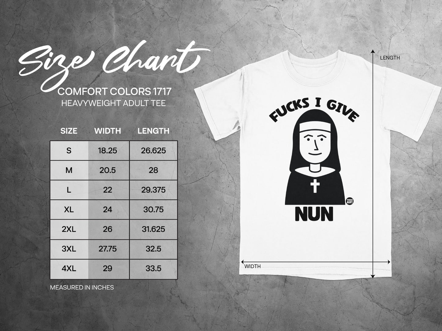 Comfort Colors 1717 heavyweight t-shirt size chart with garment dimensions.