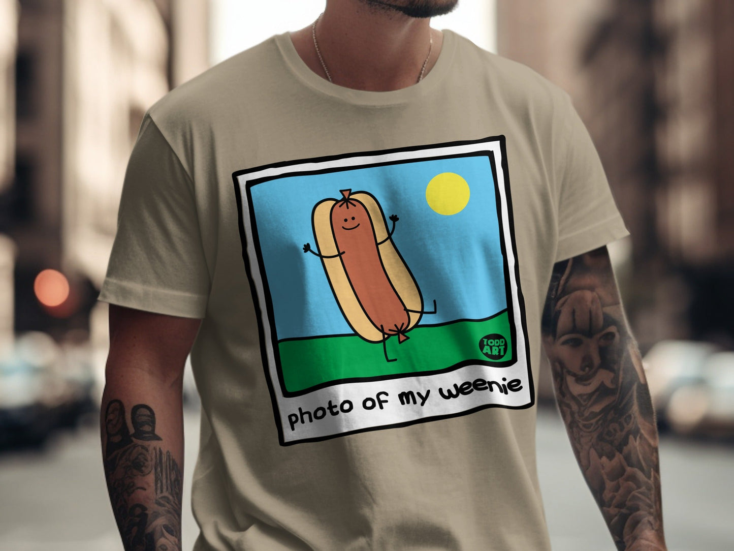 T-shirt with cartoon hot dog and "photo of my weenie" text.