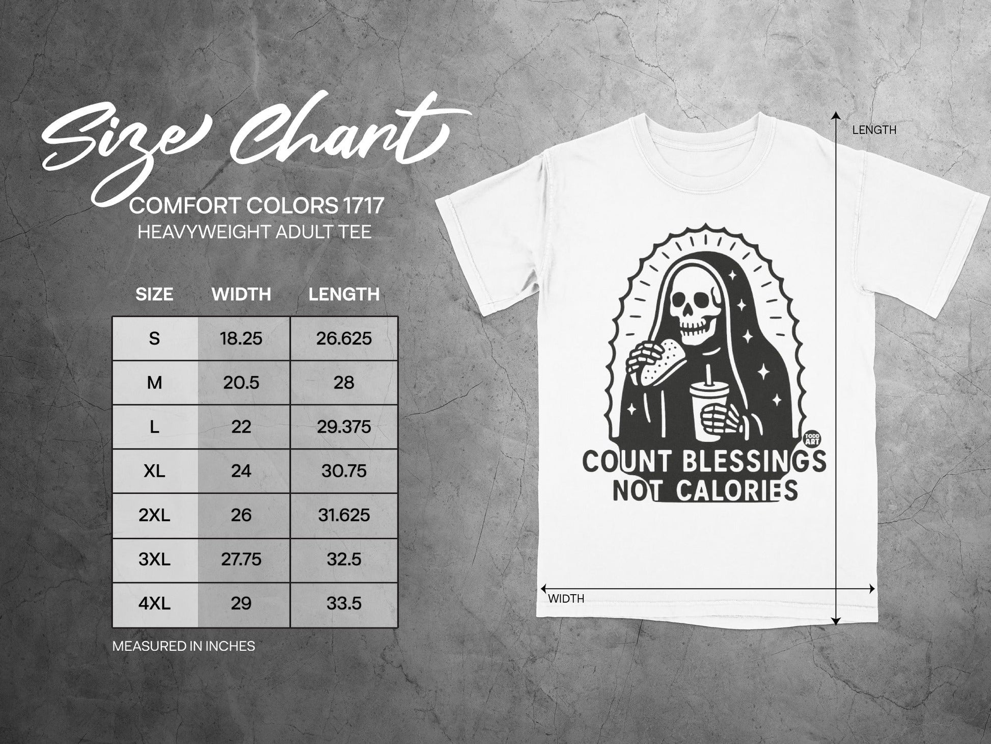 Size chart for Comfort Colors 1717 heavyweight adult tee with skeleton graphic.