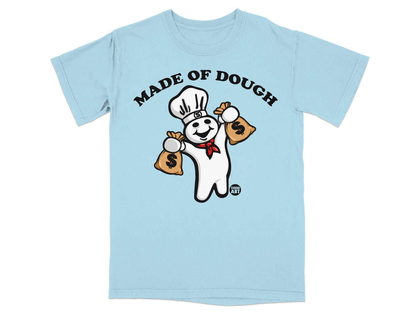 Pillsbury Doughboy wearing a chef hat holding bags of money.