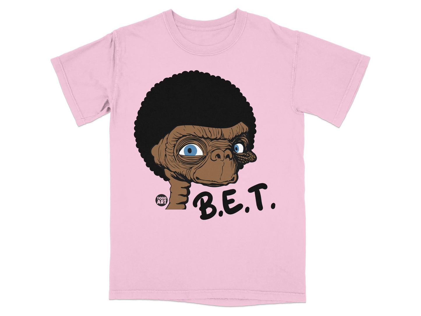 Pink t-shirt with E.T. head graphic and "B.E.T." text.